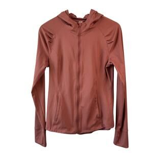 Yogalicious Womens Jacket Large Orange Full Zip Workout Thumb Holes Stretch Hood